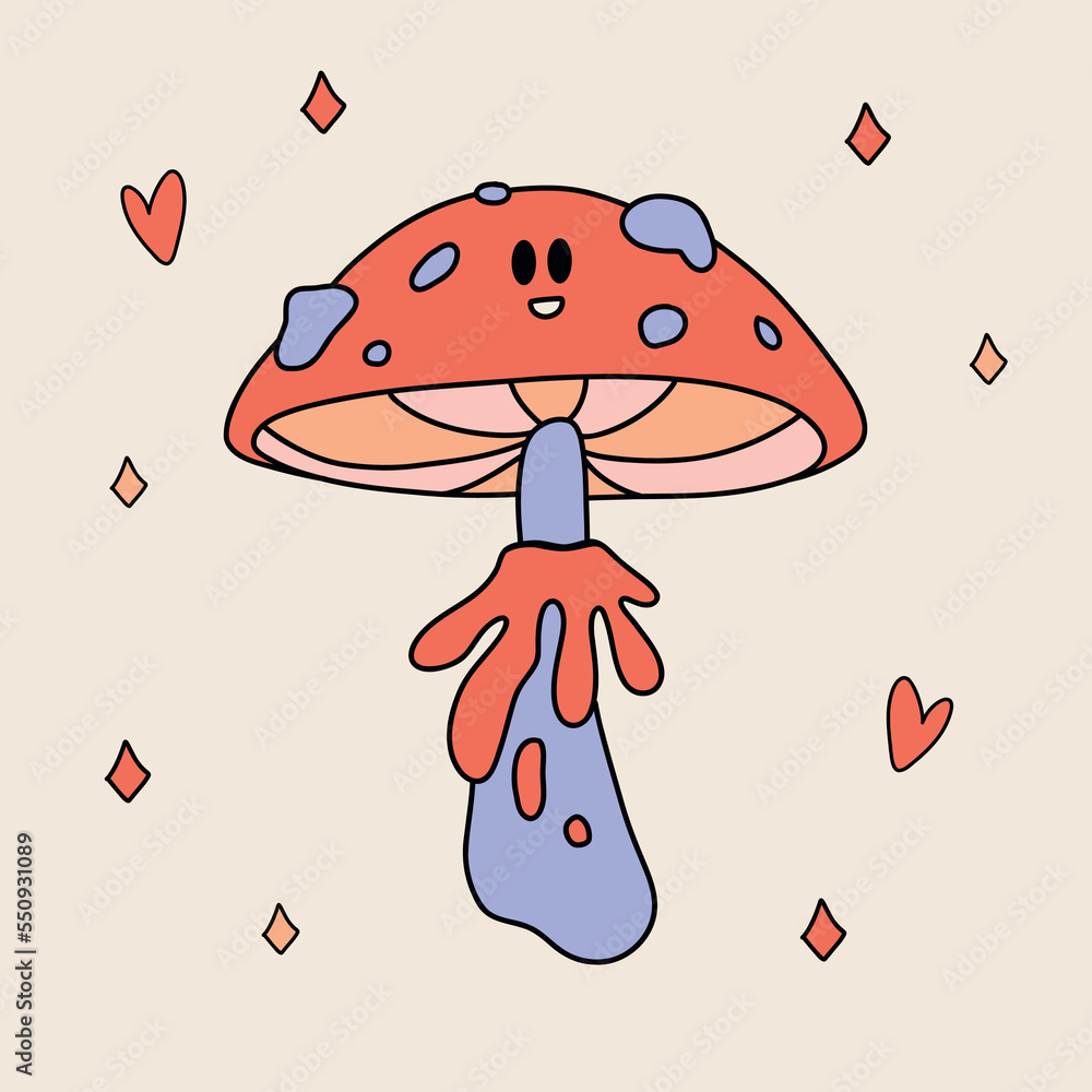 Funny retro Sticker of Groovy Mushroom with eyes. Vintage cartoon 60s - 70s psychedelic element. Isolated vector illustration Funny retro Sticker of Groovy Mushroom with eyes. Vintage cartoon 60s - 70s psychedelic element. Isolated vector illustration