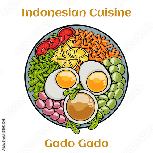 Gado-gado is a typical Indonesian salad containing boiled vegetables and potatoes, boiled eggs, fried tofu tempeh and lontong, served with peanut sauce