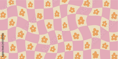 Groovy checkered Daisy Flowers background. Retro 70s - 60s Hippie Aesthetic wallpaper with Trippy distortion Grid. Vector modern Seventies Style illustration
