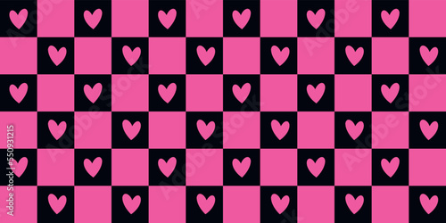 Y2k Emo and Goth checkered seamless patterns with hearts. 2000s black and pink background. Retro 90s, 00s aesthetic