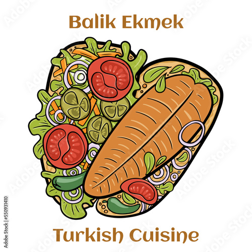 Hot Balik Ekmek fish sandwich with grilled mackerel. Traditional street food turkish cuisine. Cartoon illustration.