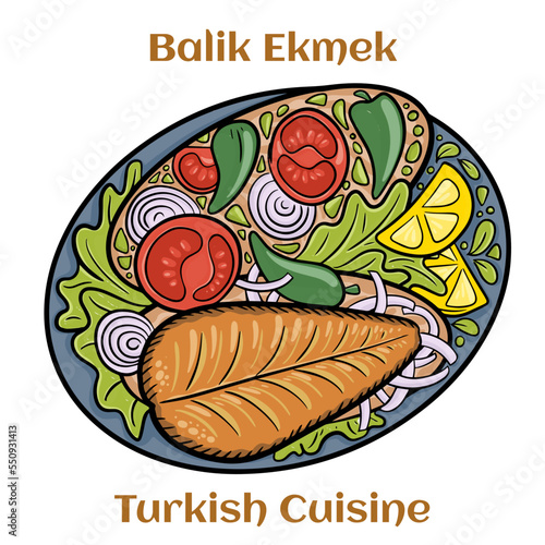 Hot Balik Ekmek fish sandwich with grilled mackerel. Traditional street food turkish cuisine. Cartoon illustration.