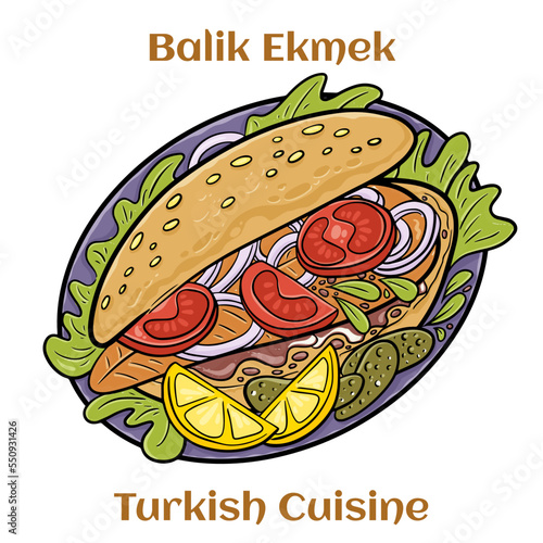 Hot Balik Ekmek fish sandwich with grilled mackerel. Traditional street food turkish cuisine. Cartoon illustration.