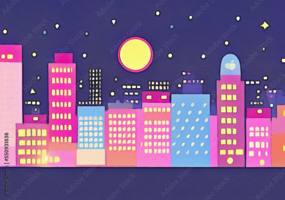 Night city illustration. Digital painting art of cartoon town, houses, skyscrapers at night. Trendy print or design background
