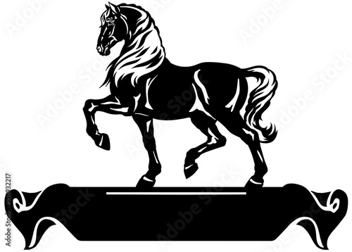 Heavy draft horse in profile. Silhouette. Logo, banner, emblem with ribbon scroll. Black and white side view vector
