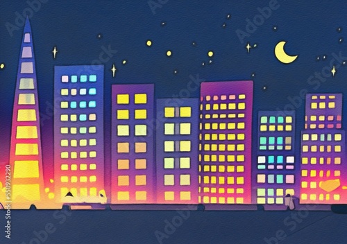 Night city illustration. Digital painting art of cartoon town  houses  skyscrapers at night. Trendy print or design background