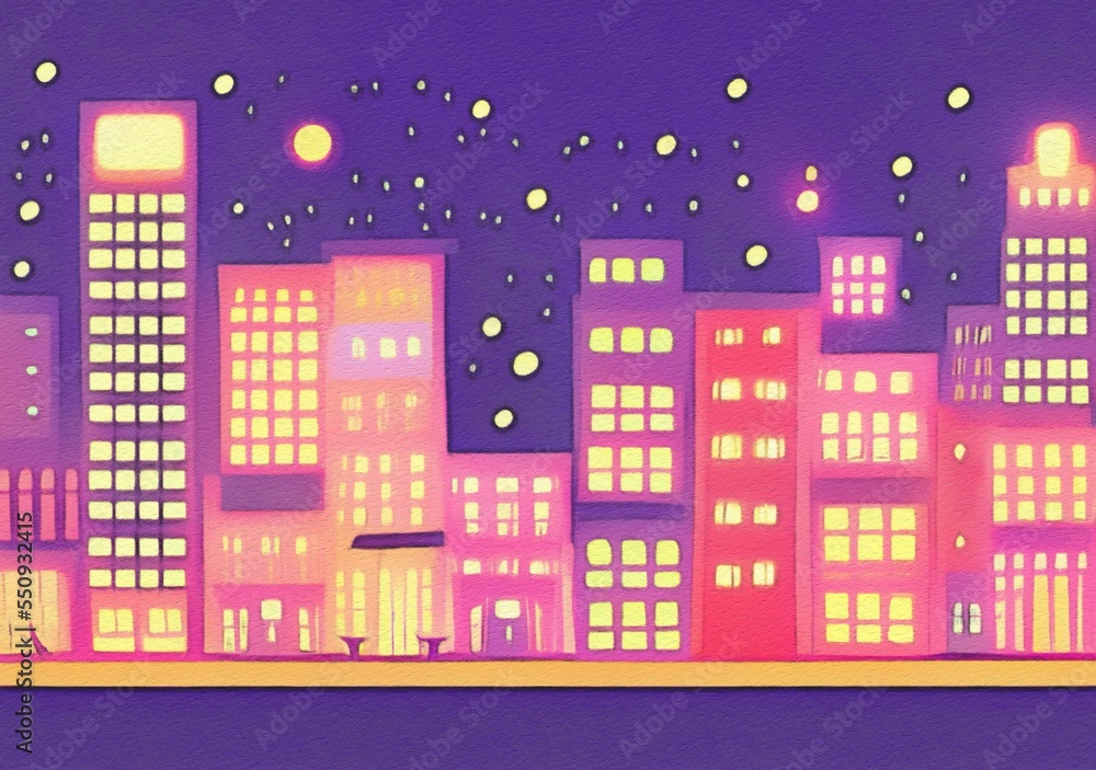 Naklejka premium Night city illustration. Digital painting art of cartoon town, houses, skyscrapers at night. Trendy print or design background