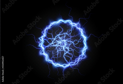 Powerful ball lightning blue png. A strong electric neon charge of energy in one ring. Element for your design, advertising, postcards, invitations, screensavers, websites, games.