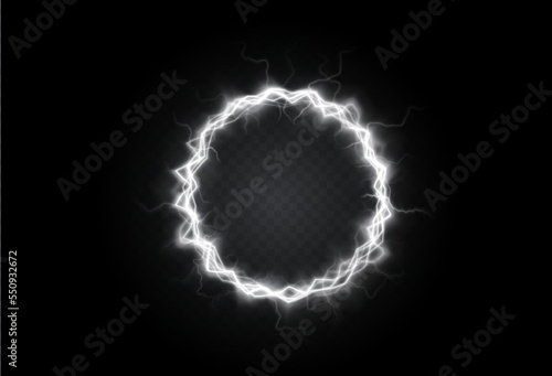 Powerful ball lightning white png. A strong electric charge of energy in one ring. Element for your design, advertising, postcards, invitations, screensavers, websites, games.