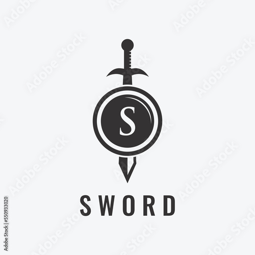 Sword, shield ,excalibur vintage silhouette logo template design.