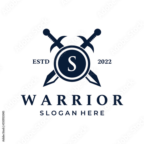 Sword, shield ,excalibur vintage silhouette logo template design.