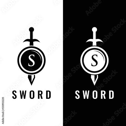 Sword, shield ,excalibur vintage silhouette logo template design.