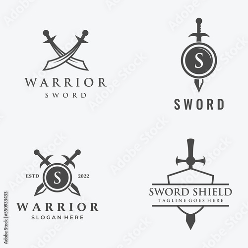 Sword, shield ,excalibur vintage silhouette logo template design.