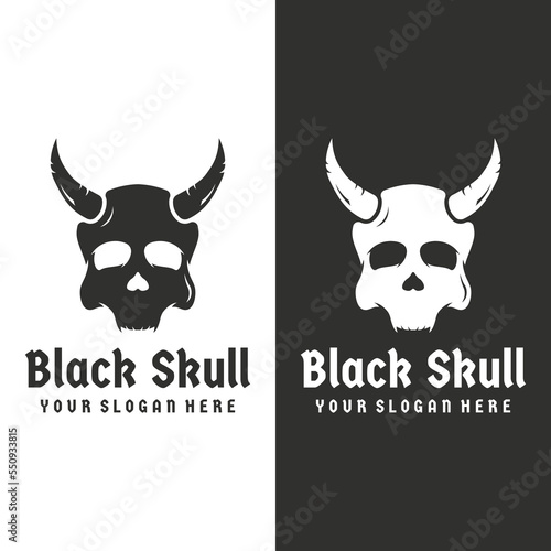 Fire skull head logo template with horns, warrior, dark,strong, tattoo,vintage logo.