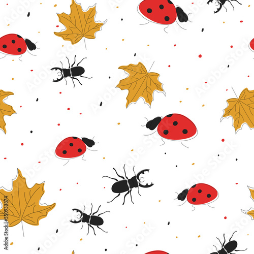 Autumn seamless pattern. Beetle, ladybug and maple leaf. Forest animals and falling leaves. Prints, packaging template, textiles, bedding and wallpaper. © Nikola