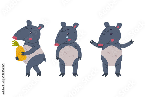 Cute Grey Tapir Animal with Proboscis Standing, Crying and Carrying Pineapple Vector Set