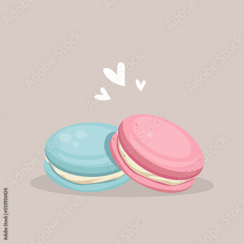Vector pastel french macaron. Blue and mint colour on a neutral colour background with pretty hearts. Bakery illustration for café decoration, greeting card, print, art. 