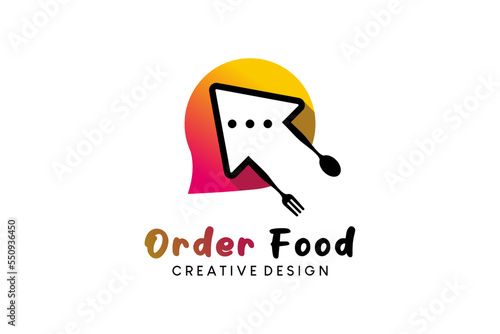 Online food logo design, food order vector illustration with creative chat concept