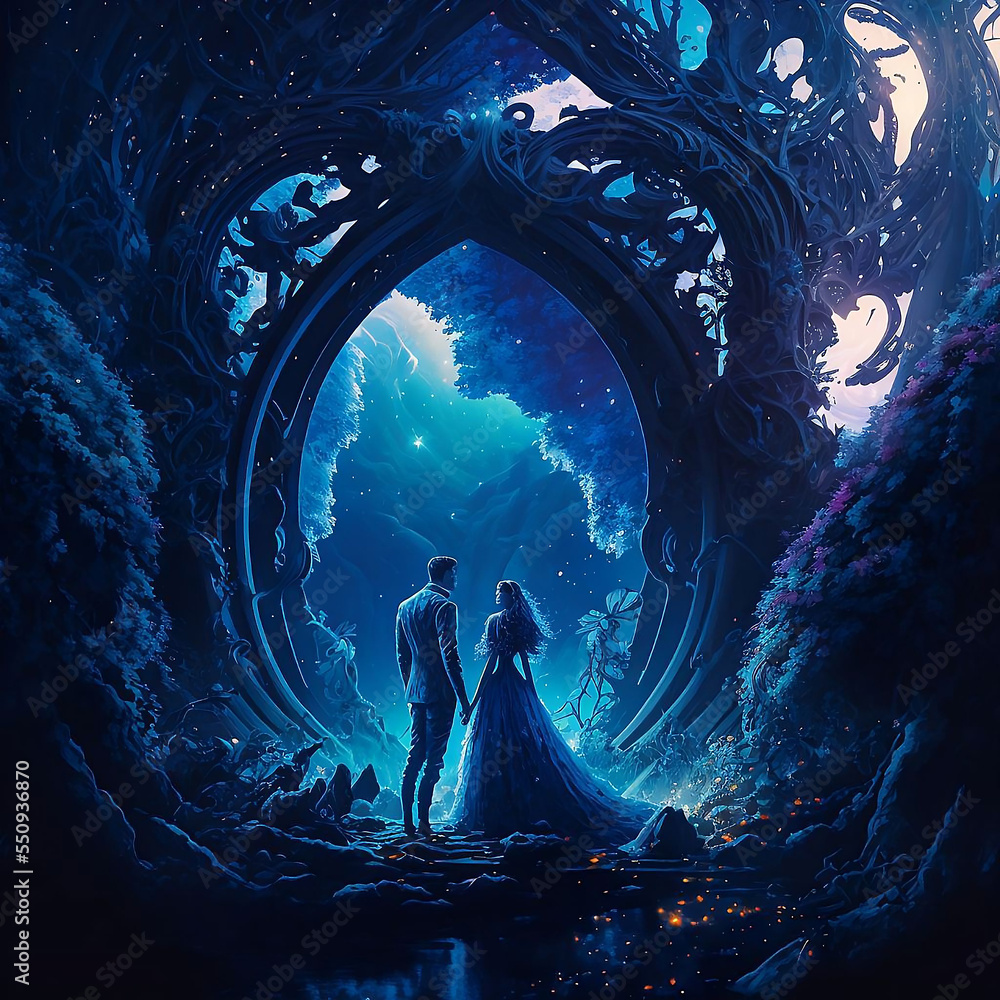 Naklejka premium Wedding couple in a blue fantasy world digital art