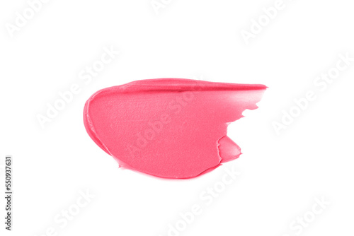 Textured trendy color viva magenta red cream gel cosmetic smudge on white background, lipstick or blush or eye shadow or nail polish smudge trendy color 