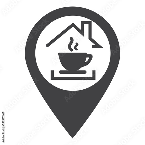 Nearby Cafe location icon. Drop shadow map pointer silhouette symbol. Coffee shop pinpoint. Vector isolated illustration