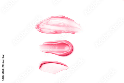 Textured trendy color viva magenta red cream gel cosmetic smudge on white background, lipstick or blush or eye shadow or nail polish smudge trendy color