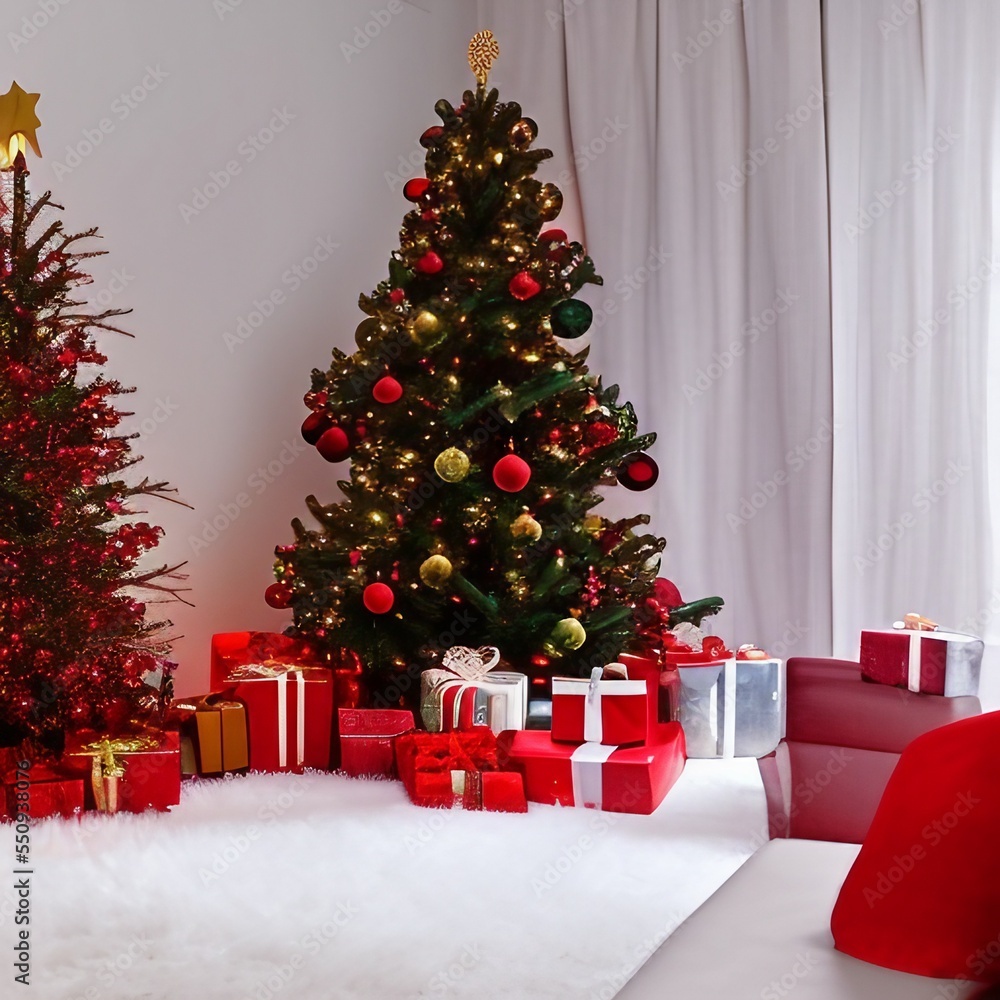 Christmas tree with red ball ornament and decoration.png