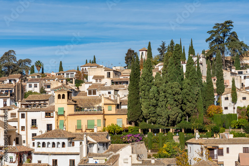 Granada's Albaicin neighborhood (World Heritage Site) seen from the viewpoint of La Churra, on the Alhambra hill, a sunny winter morning