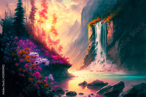 landscape with a waterfall and flowers