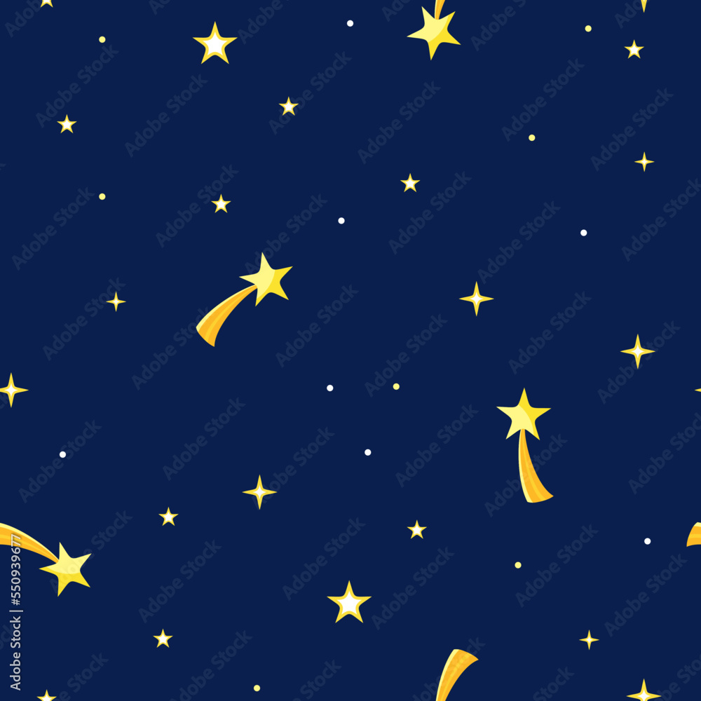 Shooting stars in dark night sky seamless pattern. Starry sky background. Space cartoon vector illustration.