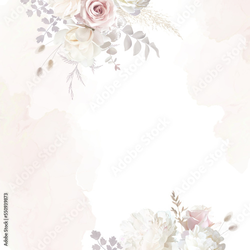Modern beige and blush trendy vector design frame. Pastel pampas grass, fern, white peony