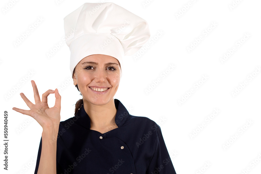 chef woman with chef hat showing copy space chef woman with chef hat showing copy space