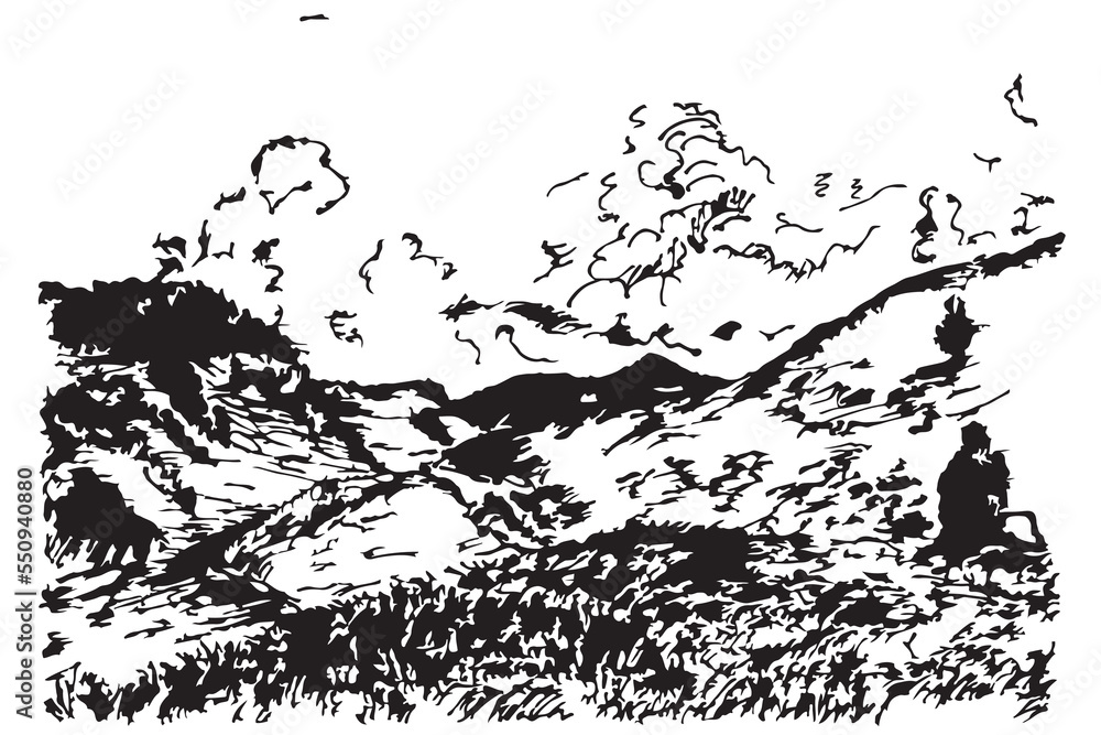Naklejka premium Hand drawn vector landscape with mountains, trees in the mountains. Perfect for banner, poster and sticker design.