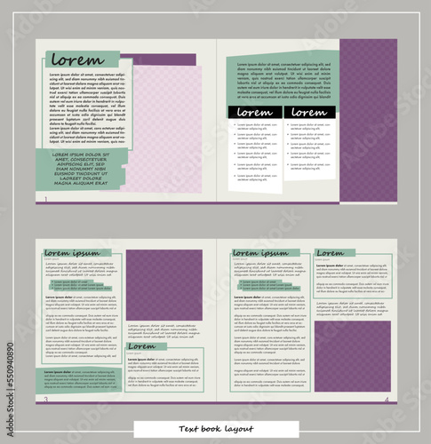 book text page layout template. creative paper spreadsheet design for magazine, booklet, flyer, brochure mock up with text blocks and space for image