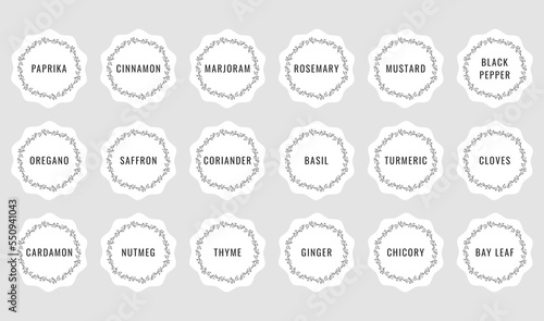 Cardboard stickers or labels for jars of spices and herbs