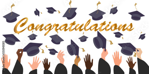 Graduating students of pupil hands in gown throwing graduation caps in the air, flying academic hats, throw mortar boards in the sky flat cartoon vector illustration design isolated on blue background