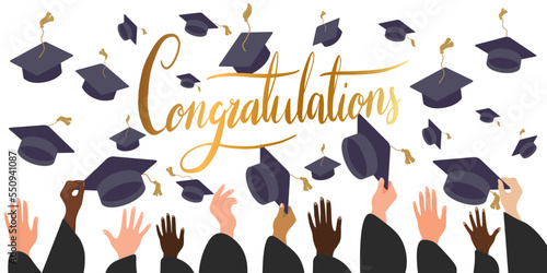 Graduating students of pupil hands in gown throwing graduation caps in the air, flying academic hats, throw mortar boards in the sky flat cartoon vector illustration design isolated on blue background