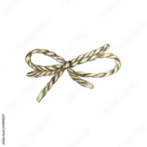 Linen thread tying a bow. Watercolor illustration. Isolate on white background. for design solutions.