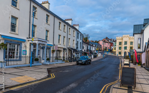 A view down the main street in the village of Saundersfoot, Wales in winter