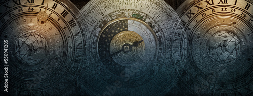 Ancient calendar with constellations and astronomical instruments against the oold paper background. Symbol of science, astronomy, astrology, mystery, education, mysticism, numerology, occultism..