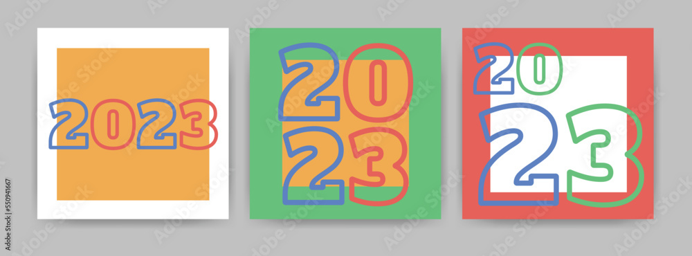 2023 Happy New Year. Design templates with typography logo 2023. Minimalistic trendy banner, cover, card 2023 Happy New Year. Design templates with typography logo 2023. Minimalistic trendy banner, cover, card