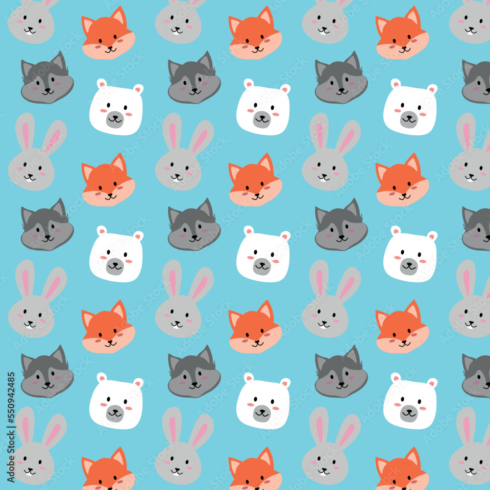 Winter pattern with cute animals: fox, wolf, hare, bear. Vector illustration. Background