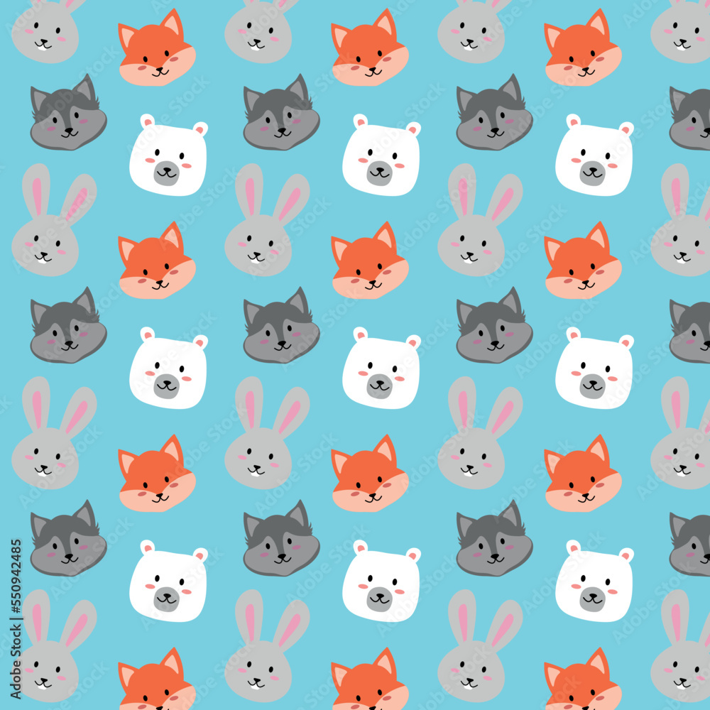 Winter pattern with cute animals: fox, wolf, hare, bear. Vector illustration. Background Winter pattern with cute animals: fox, wolf, hare, bear. Vector illustration. Background