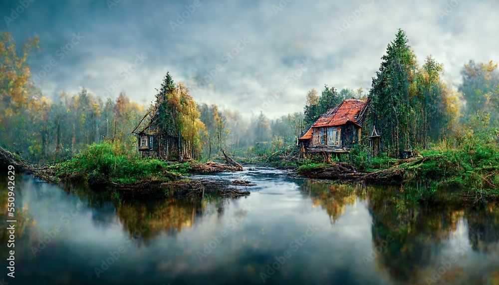 Fototapeta premium Old dilapidated house with lake, mountain landscape