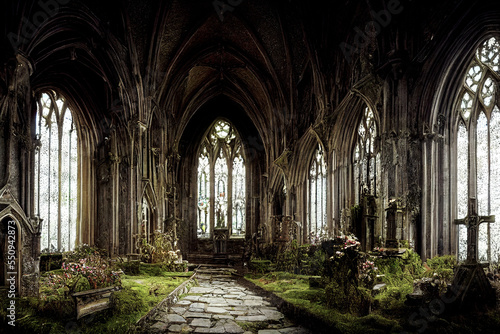 Ancient gothic cathedral with overgrown vegetation, fantasy world
