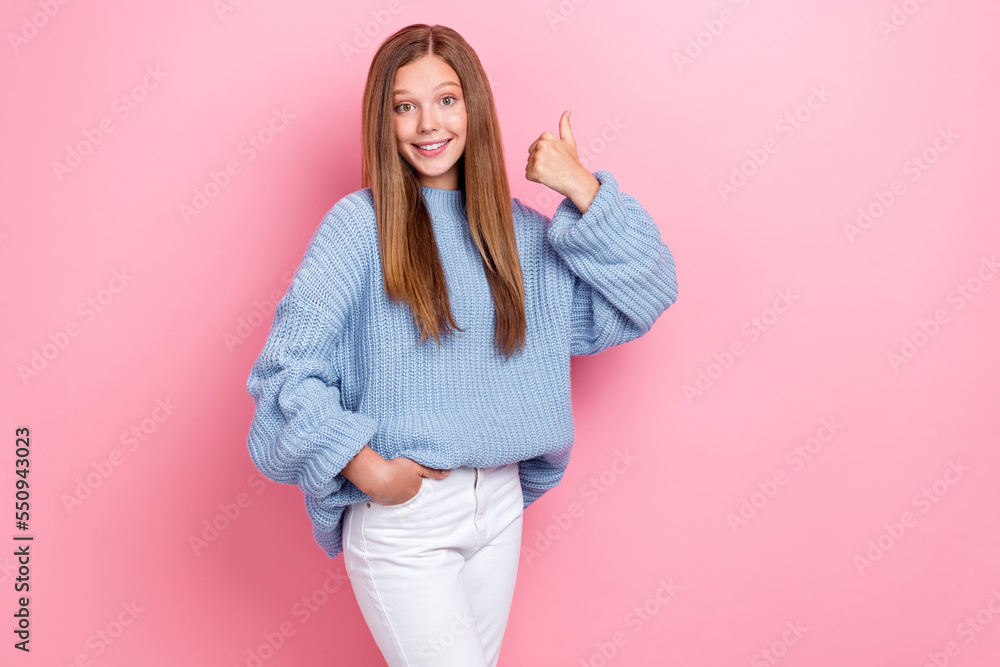 Photo of pretty lovely lady wear trendy outfit arm thumb up satisfied quality clothes empty space isolated on pink color background Photo of pretty lovely lady wear trendy outfit arm thumb up satisfied quality clothes empty space isolated on pink color background