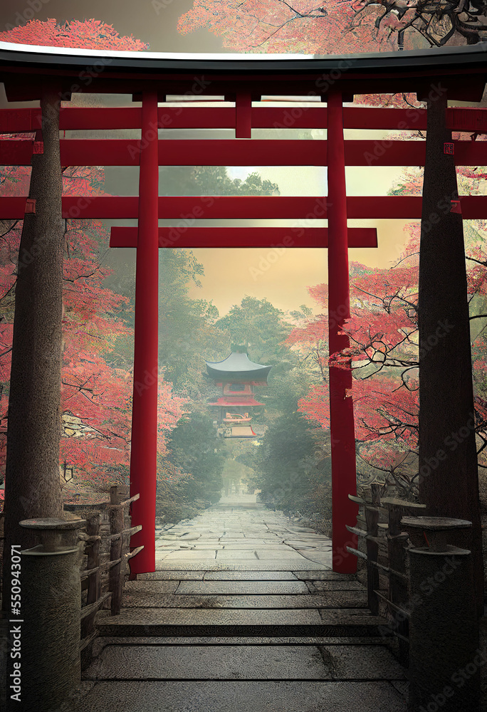 Japanese landscape of stone stairs heading to a shrine through a forest ...