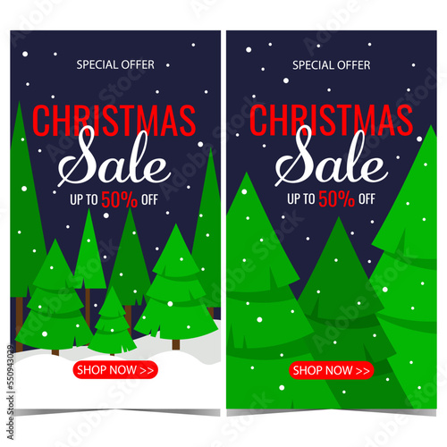 Christmas sale banner or poster with winter landscape on the background. Christmas sale and discount promotion flyer for December shopping season and winter holidays. Vector illustration.