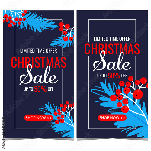 Christmas sale and discount poster design template. Vector banner or flyer for December shopping promotion and winter holidays discount announcement during Christmas fair, market or bazaar.