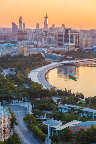 The morning panoramic view of the city. Baku city at sunrice.